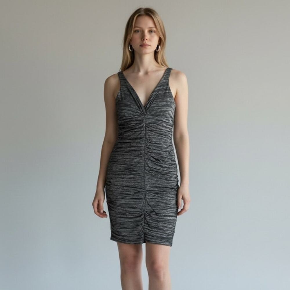 Nicole Miller Ruched Sleeveless Dress Vintage Women's Sz 4 Silver Shimmer 90s